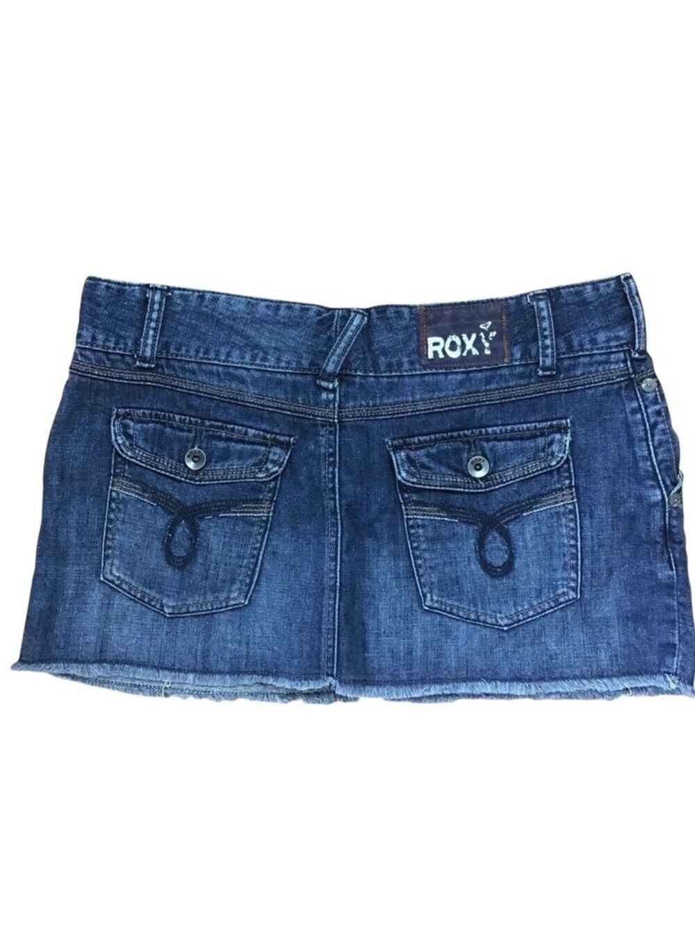 ROXY mini jeans skirt size 9 Sexy low rise dark blue stretchy denim side pockets
